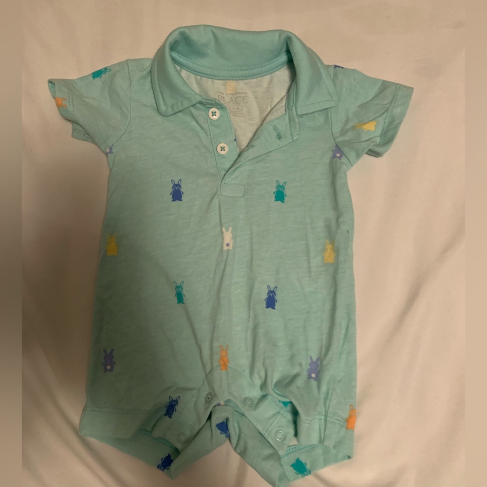 The Children's Place Mint Polo Romper with Bunny Print